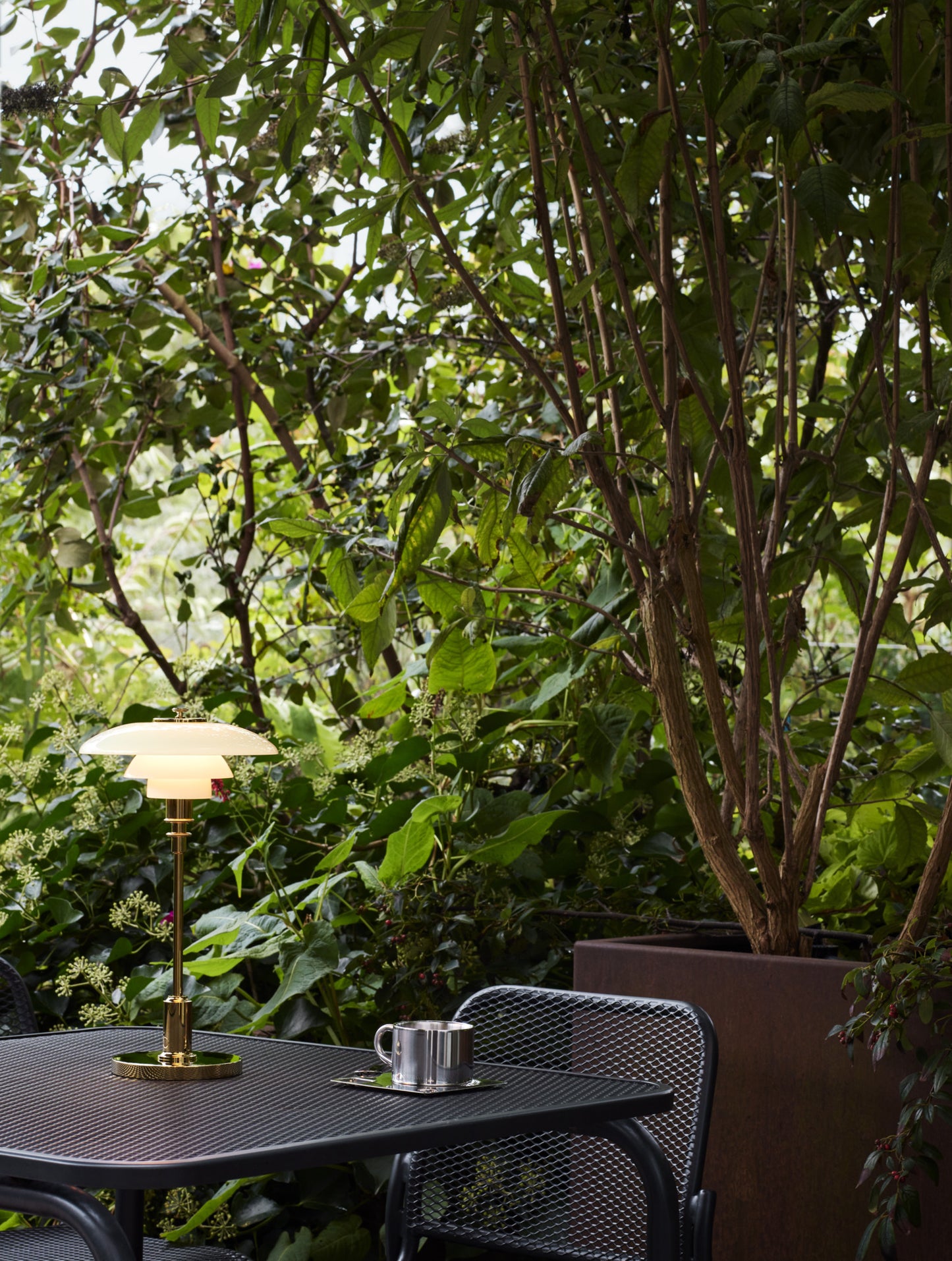 En Louis poulsen ph 2/1 bordlampe i brass som står på et bord ved et træ
