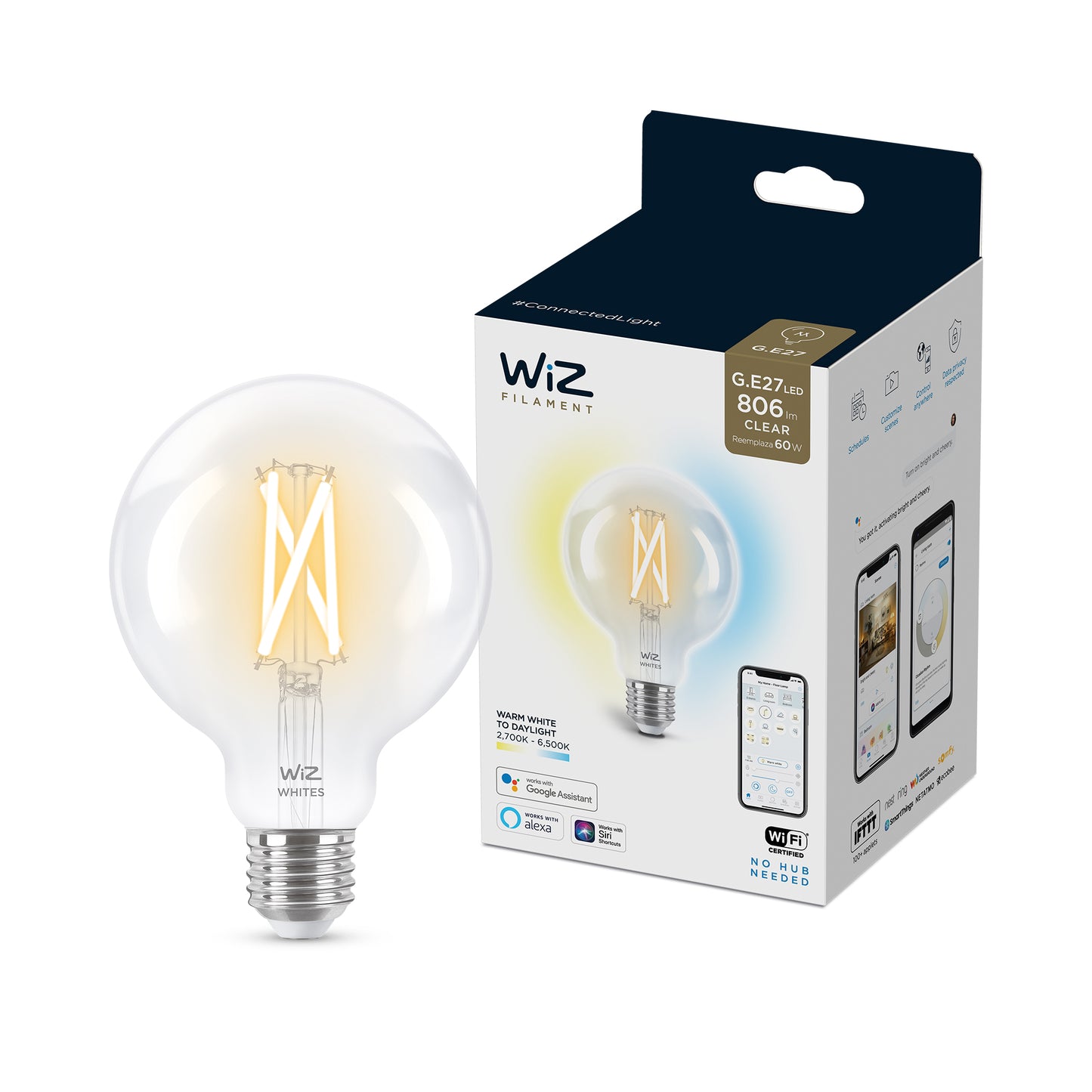 WiZ, Tunable white, Globe, E27, Clear, 60