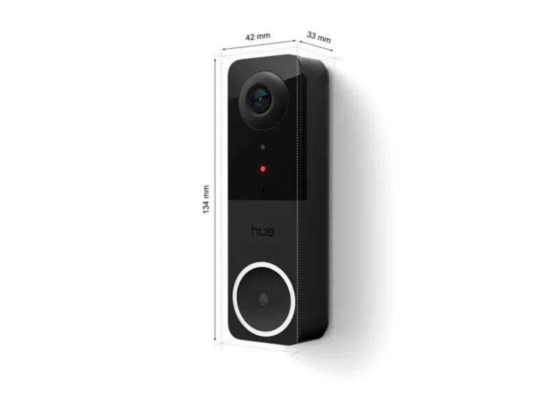 Sort Philips Hue Secure videodørklokke med mål: 134 mm høj, 42 mm bred og 33 mm dyb