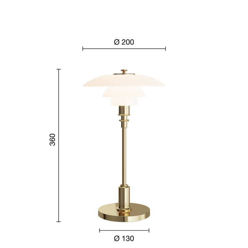 Louis poulsen ph 2/1 bordlampe i brass med mål på højden og diameter