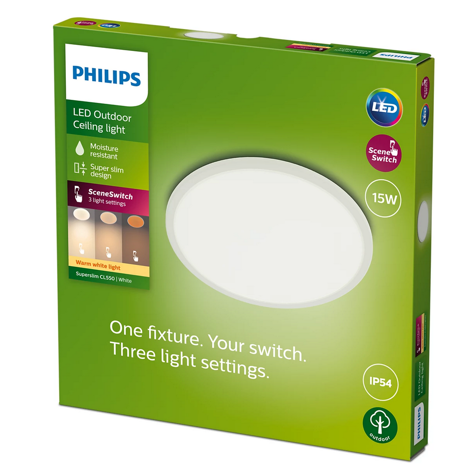 Philips Superslim plafond 15W 27K IP54 - Hvid kassen