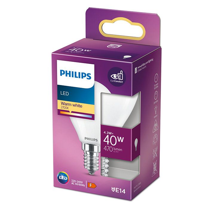 Pære Krone E14 4,3 W(40W) 2700K - Philips