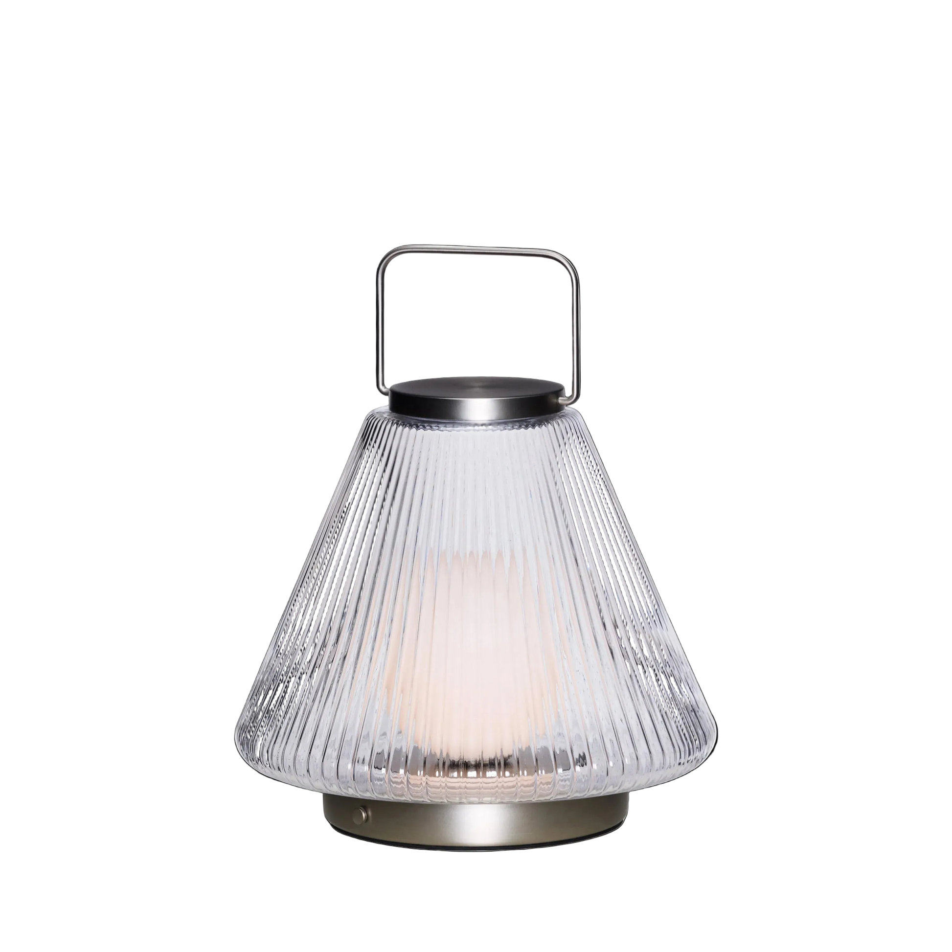 Tou genopladelig transportabel bordlampe i mundblæst klart glas med nikkelfarvede detaljer.